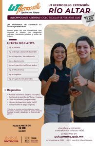 🔸¡INSCRIPCIONES ABIERTAS EN LA UNIVERSIDAD TECNOLÓGICA DE HERMOSILLO EXTENSIÓN ALTAR!